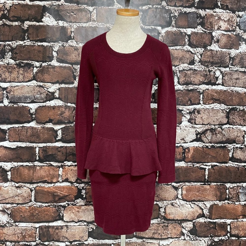 Sandro Paris Dress Peplum Knit Burgundy Red Chevron Long Sleeves Size 2 4 - Picture 4 of 15